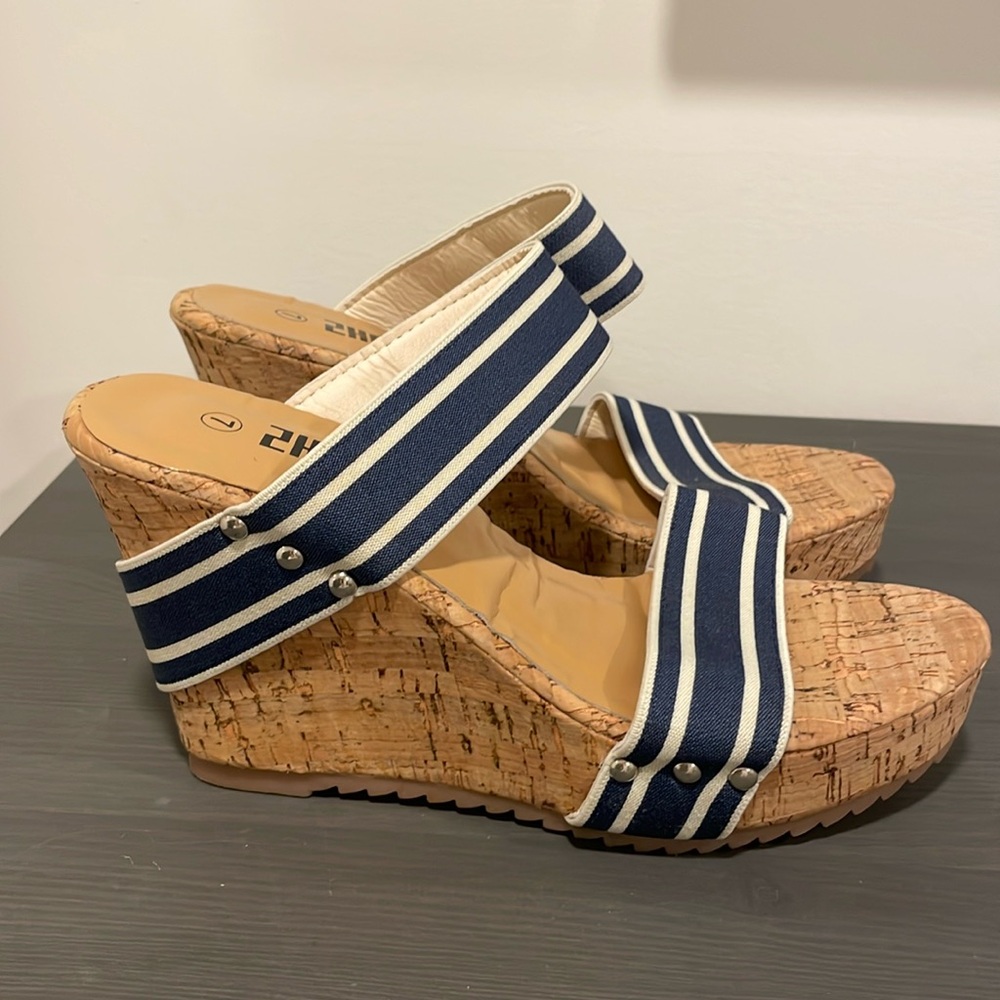 Navy and white striped cork wedges
